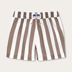 Boys Tan Candy Stripe Staniel Swim Shorts featuring broad white and tan stripes with elastic waistband and LOVE BRAND & Co. logo on the front.