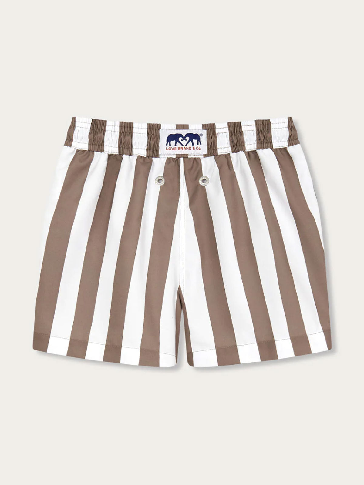 Boys Tan Candy Stripe Staniel Swim Shorts featuring broad white and tan stripes with elastic waistband and LOVE BRAND & Co. logo on the front.