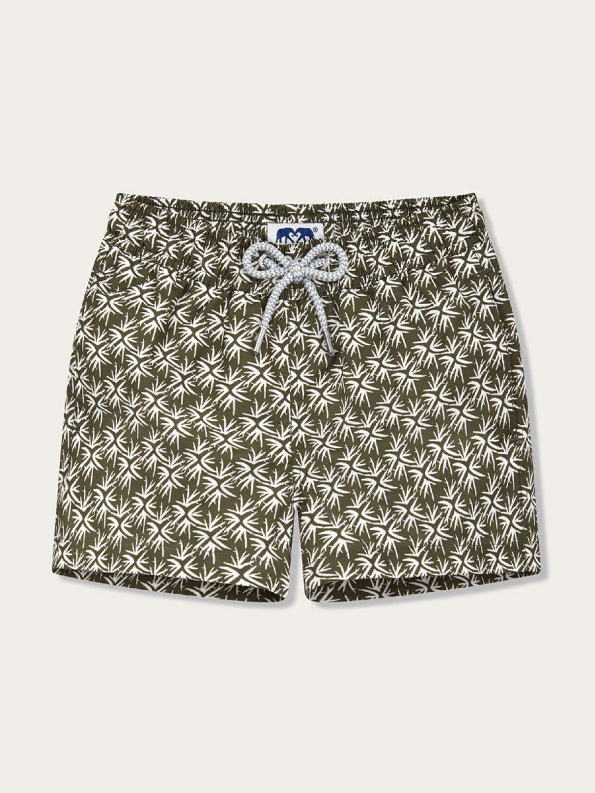 Boys Coral Spark Staniel Swim Shorts with white coral print on olive green background, featuring a gray drawstring closure, made from quick-dry recycled material.