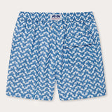 elephant palace blue mens swim shorts. This patterned swim shorts design features white elephants raising their trunks to create a pattern that resembles Indian palaces on a blue background.