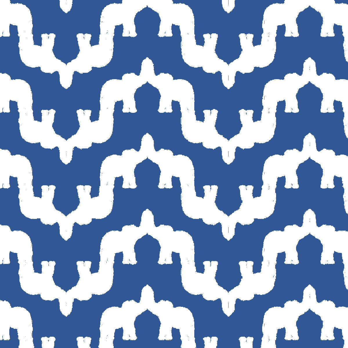 A repeating pattern of white stylized elephant silhouettes arranged in vertical rows on a blue background.