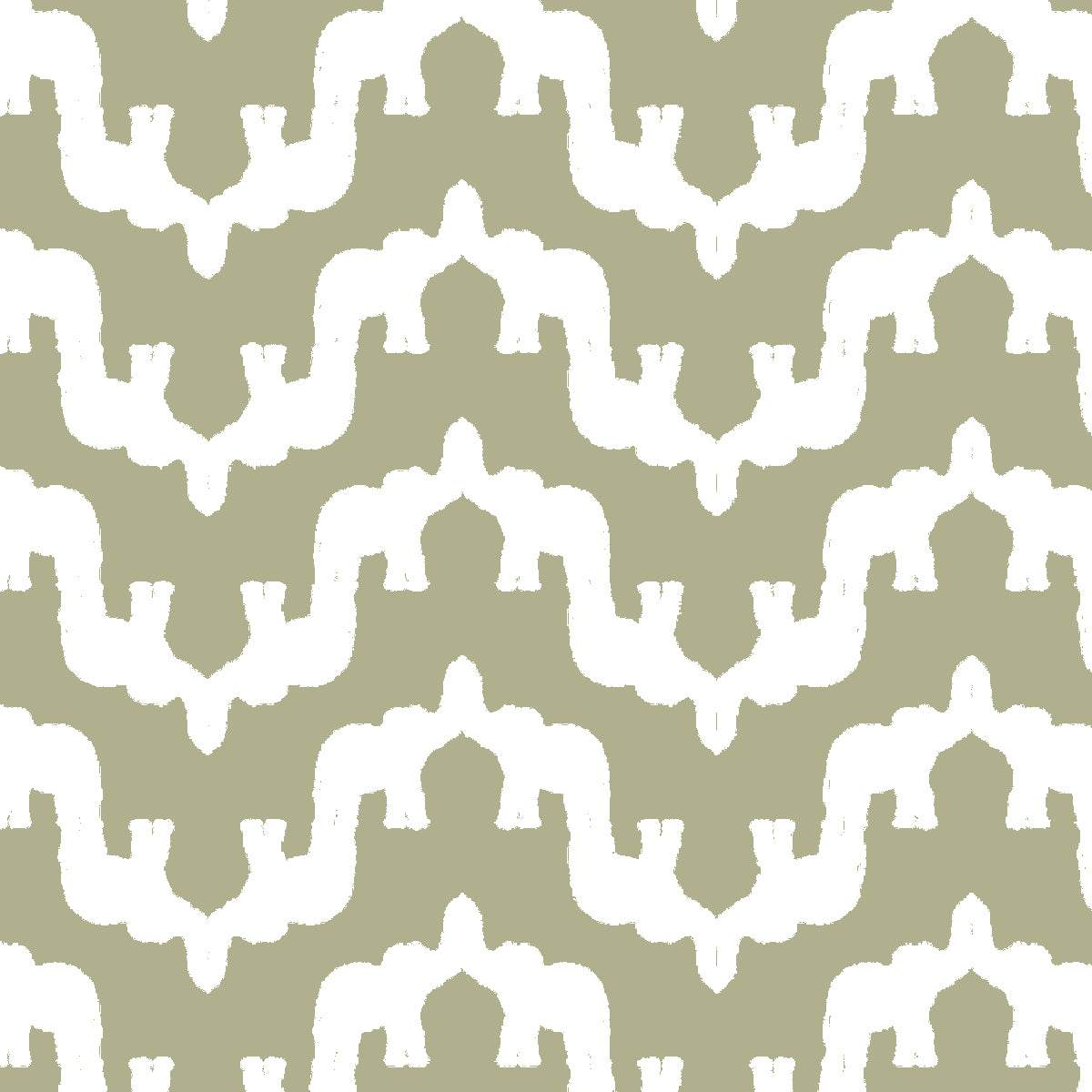 A repeating pattern of white stylized elephant silhouettes arranged in vertical rows on a olive green background.