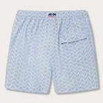 Elephant Palace Sky Staniel mens Swim Shorts back. Patterned swim shorts featuring white elephants raising their trunks to create a pattern that resembles Indian palaces on a sky blue background.