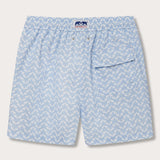 Elephant Palace Sky Staniel mens Swim Shorts back. Patterned swim shorts featuring white elephants raising their trunks to create a pattern that resembles Indian palaces on a sky blue background.