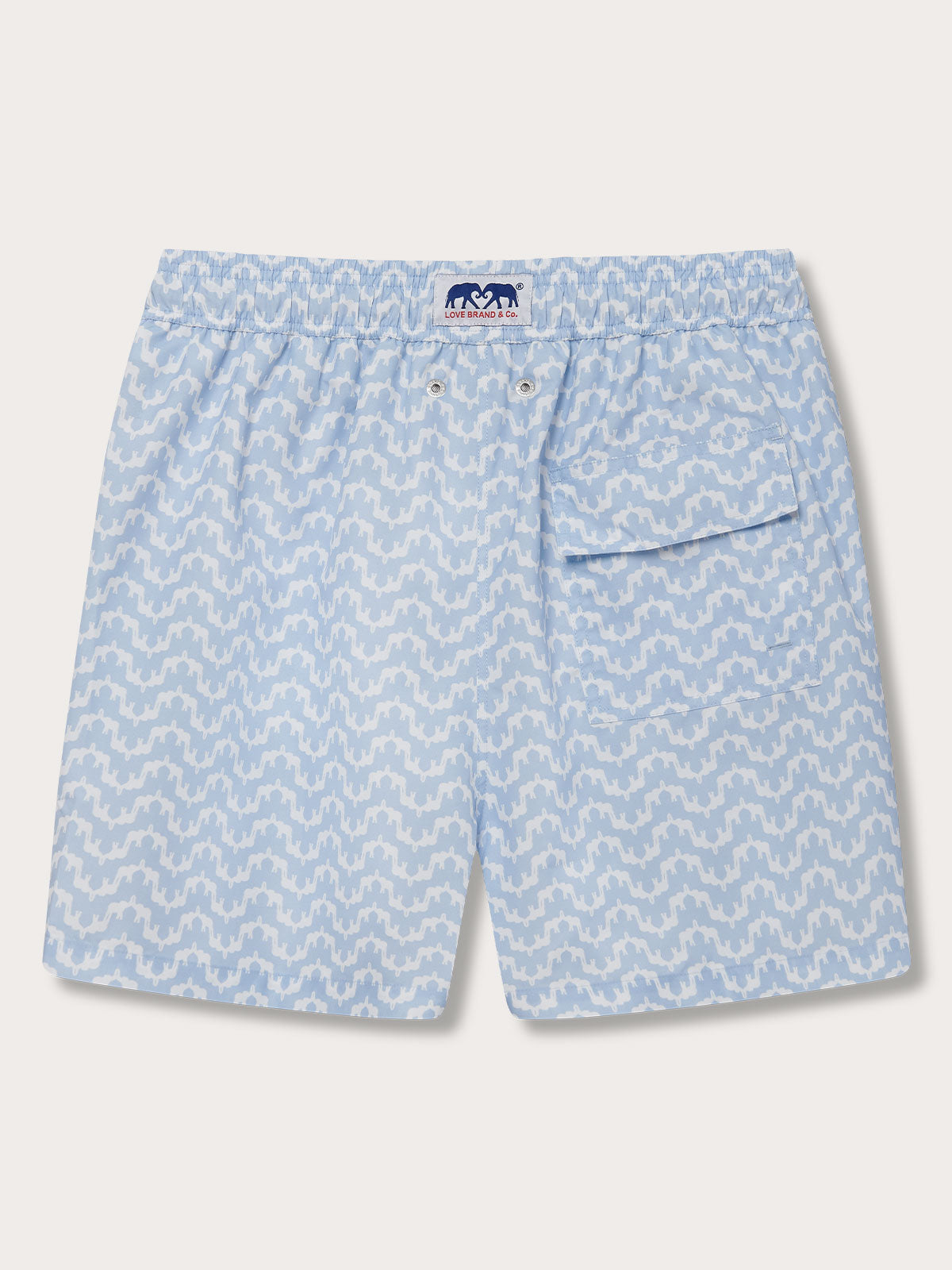 Elephant Palace Sky Staniel mens Swim Shorts back. Patterned swim shorts featuring white elephants raising their trunks to create a pattern that resembles Indian palaces on a sky blue background.