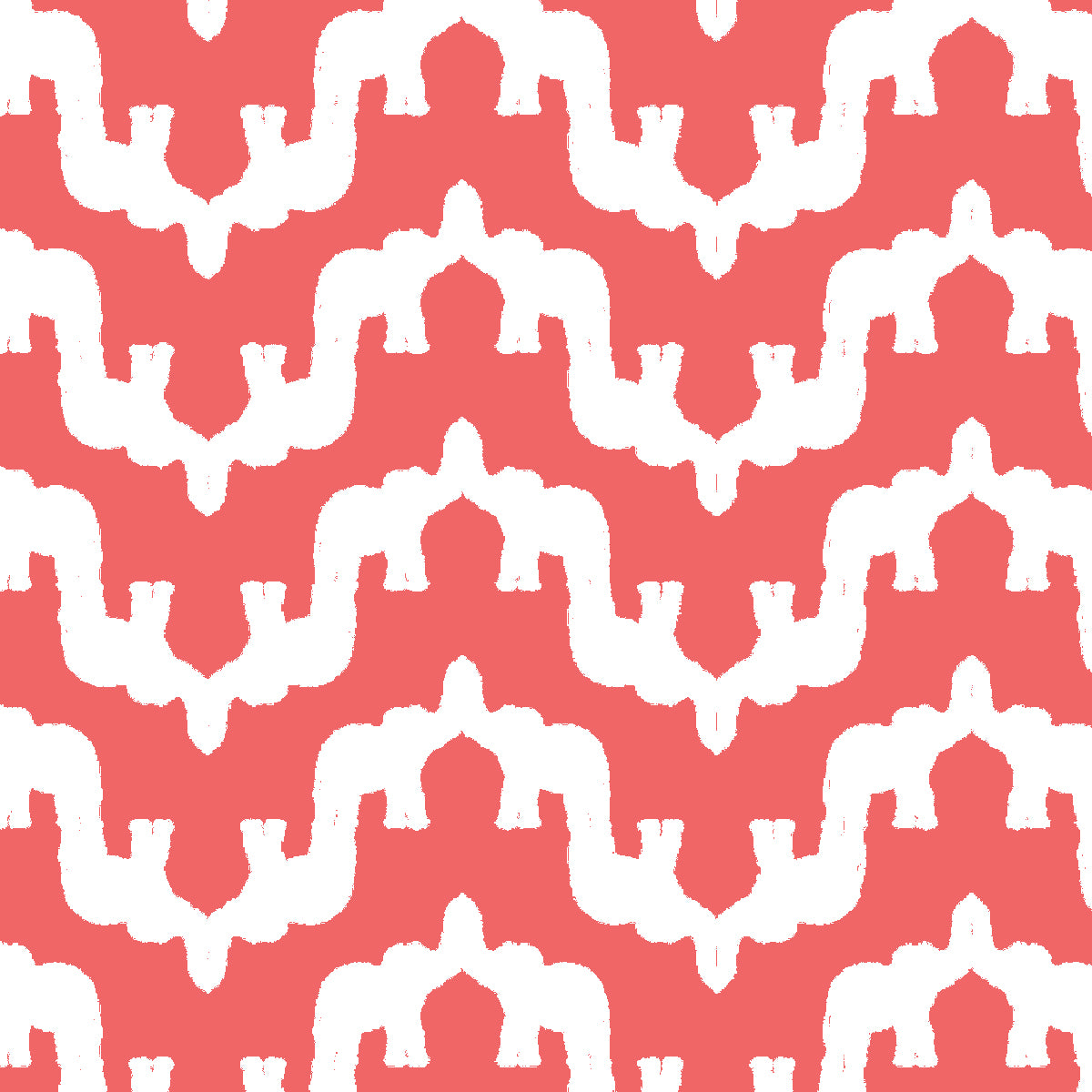 A repeating pattern of white abstract elephant shapes on a coral pink background.