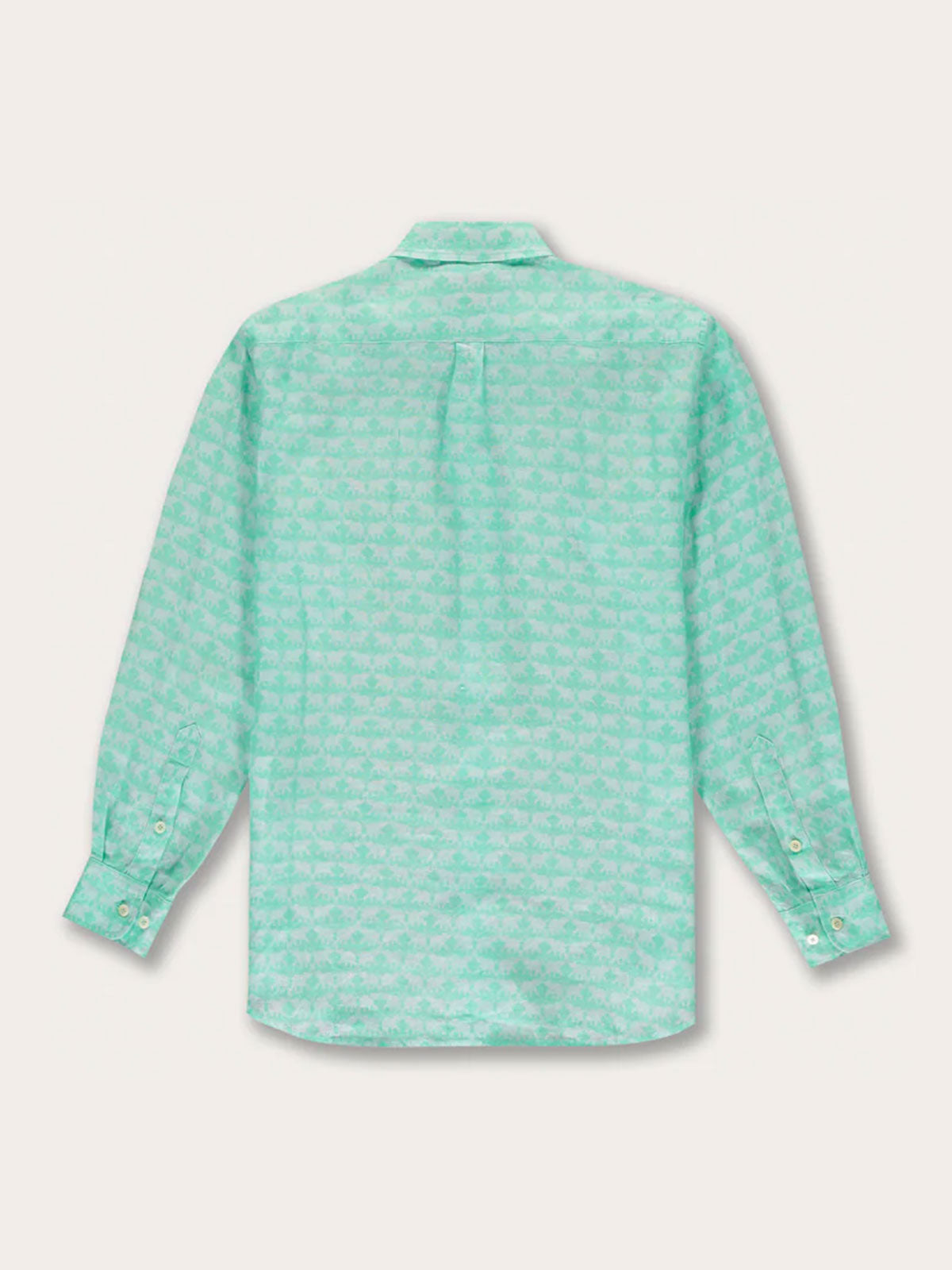 Elephant Dance Mint Abaco mens Linen Shirt, back view showcasing mint green color and elephant pattern design.