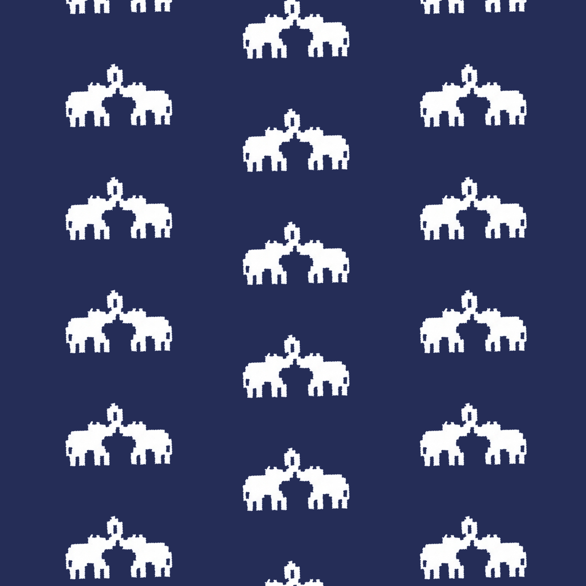 A repeating pattern of white embroidered elephant silhouettes on a dark navy blue background.