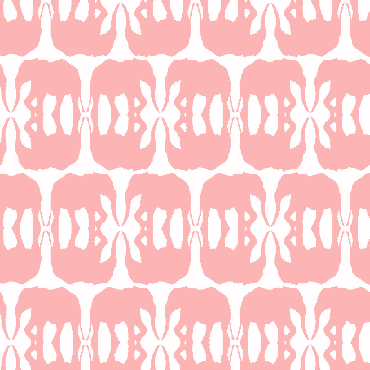 A repeating abstract pattern of soft pink elephant shapes on a white background.