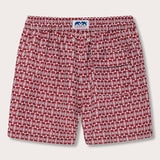 Men's Elephants of India Staniel Swim Shorts featuring dark burgundy elephants print on a crisp white background. Patterned swim shorts made from 100% recycled, quick-drying fabric.