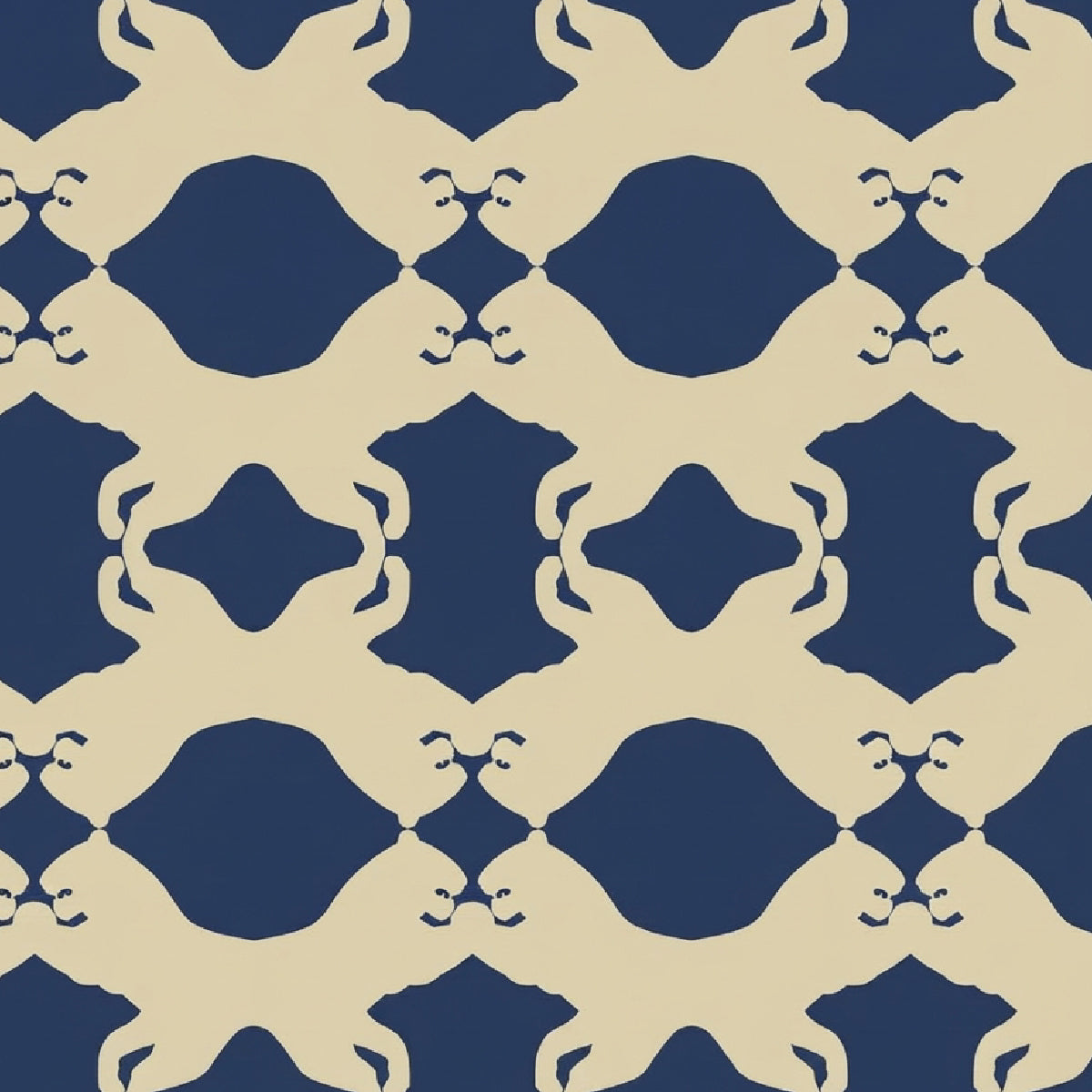 A repeating geometric pattern with navy blue tiger shapes on a warm beige background.