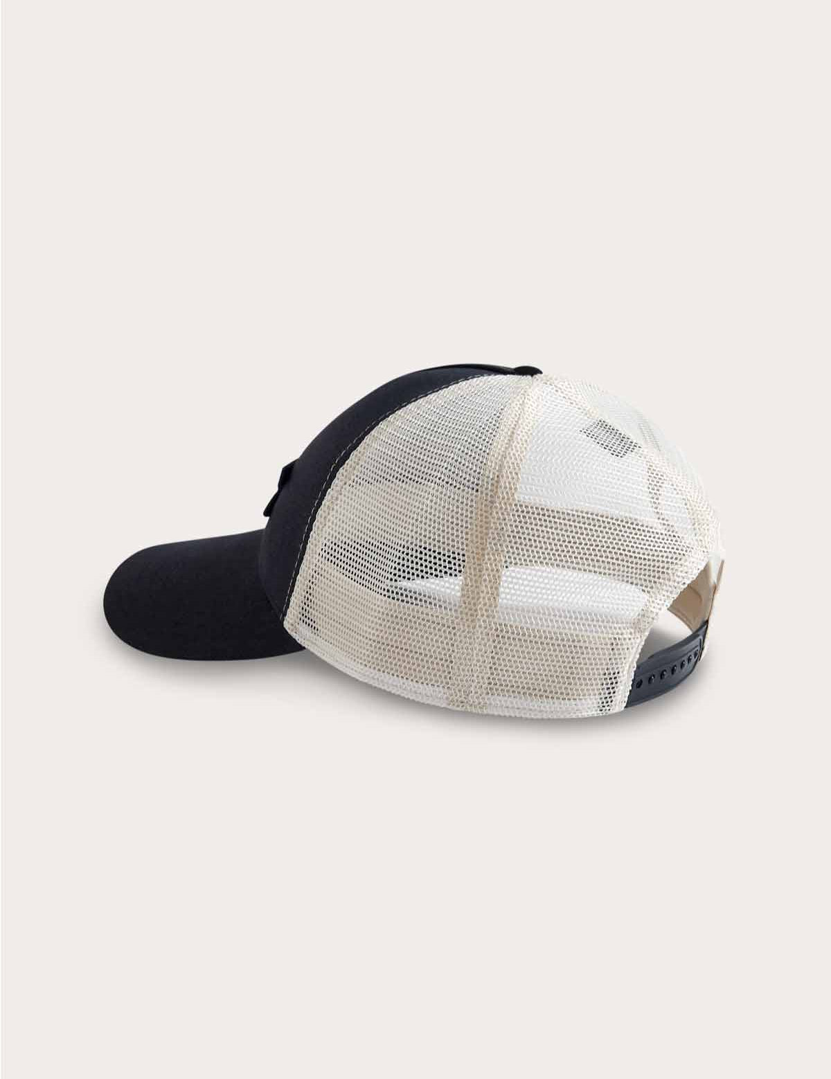 Navy and stone adjustable Trucker cap with mesh backing and slightly curved visor, featuring the G.E.M. Ribbon logo.