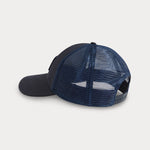 Navy Cotton Trucker Cap with navy-hued mesh back and sides, featuring structured design for shape retention.