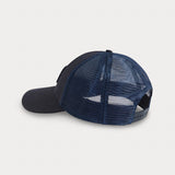 Navy Cotton Trucker Cap with navy-hued mesh back and sides, featuring structured design for shape retention.