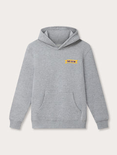 Kids Heather Grey Eco Hoodie with "The G.E.M." logo, crafted from 55% recycled cotton and 45% recycled polyester.