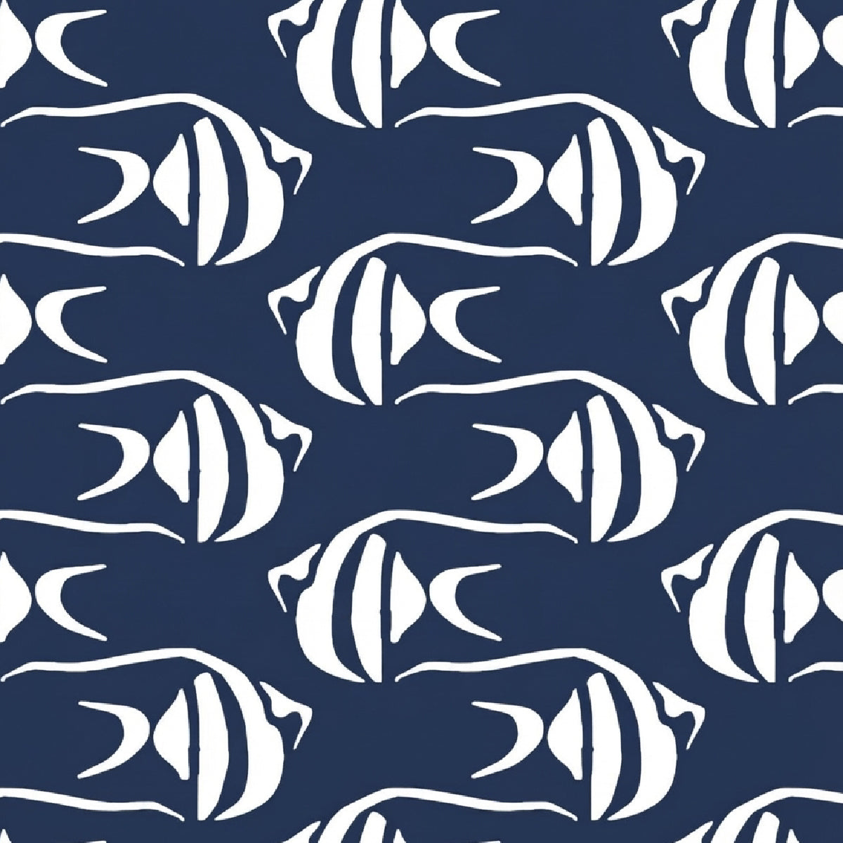 A repeating pattern of stylized white tropical fish on a dark navy blue background.