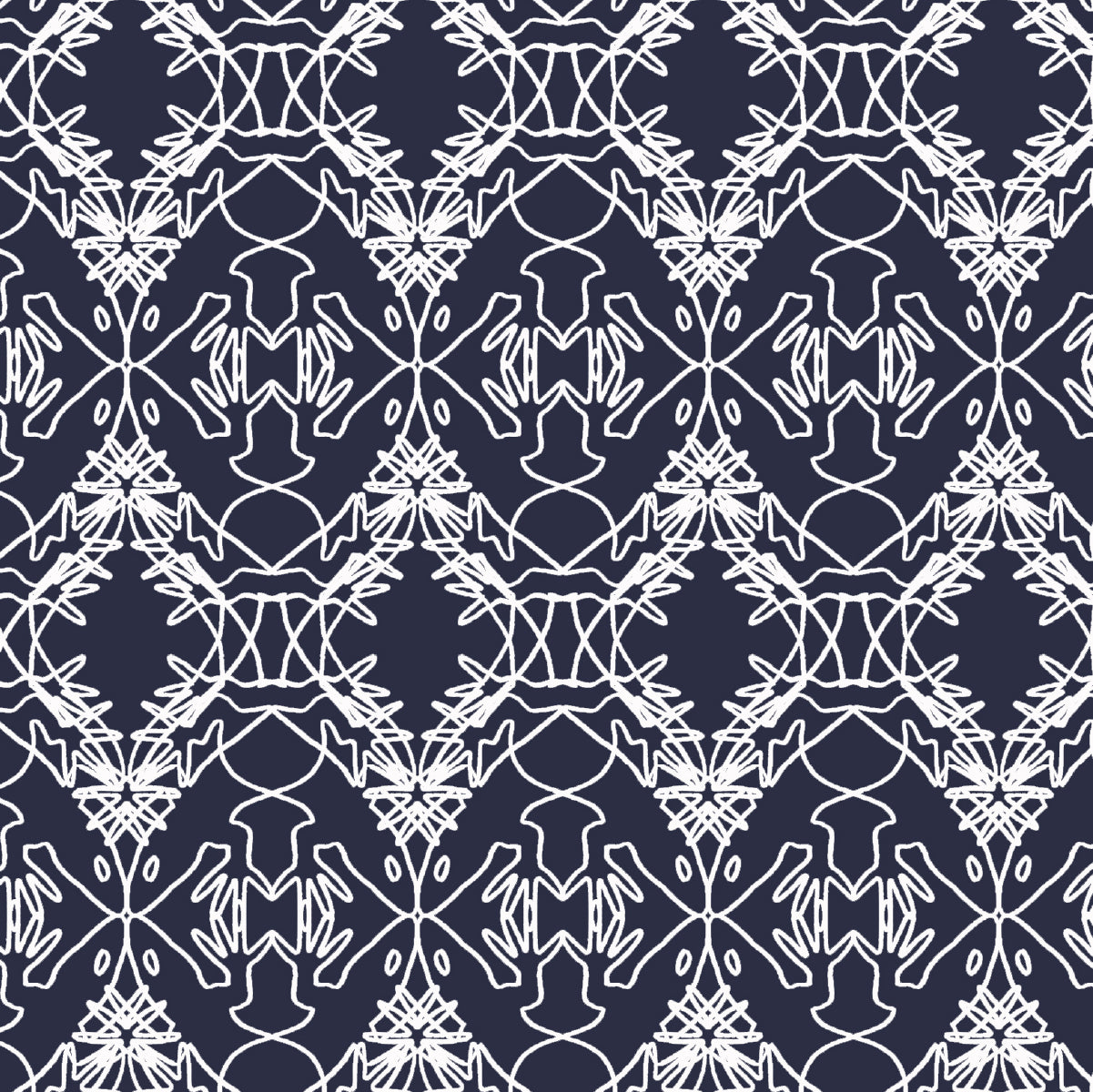 A repeating white ornamental pattern on a dark navy blue background, forming a symmetrical damask-style design.