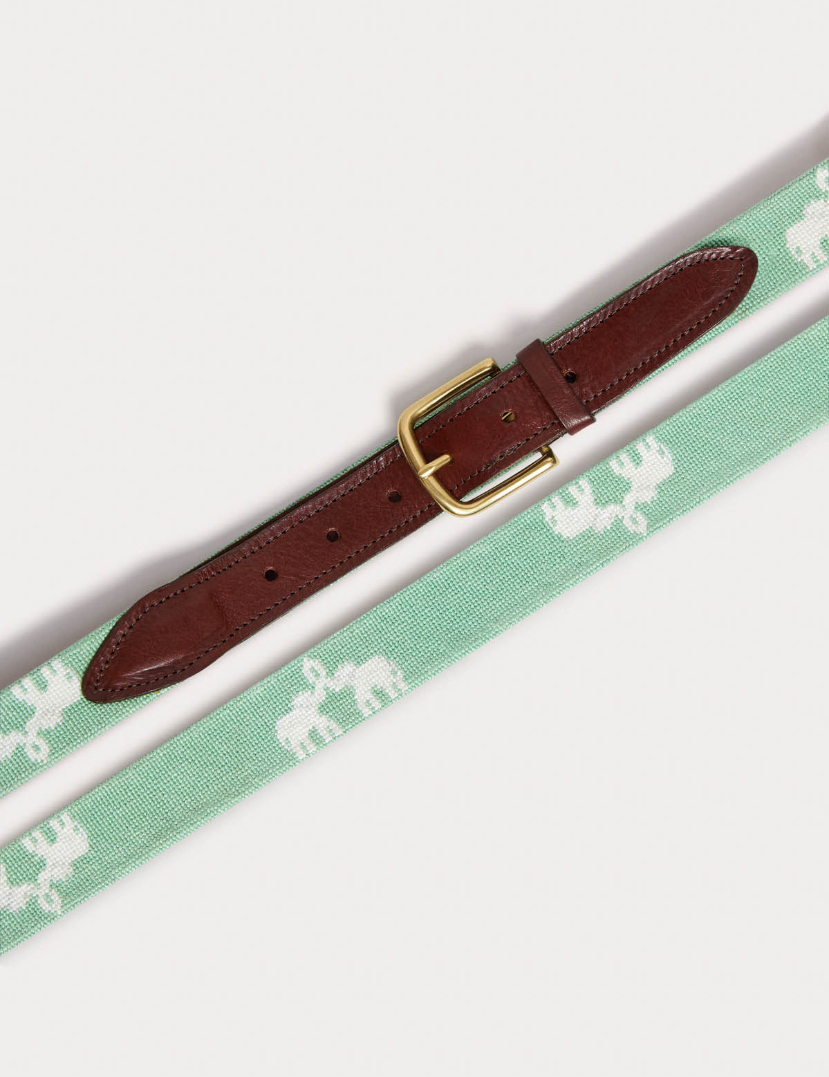 Front view of Needlepoint Belt - Elephant Palace Green. Leather belt featuring love brand elephant palace design in mint green.