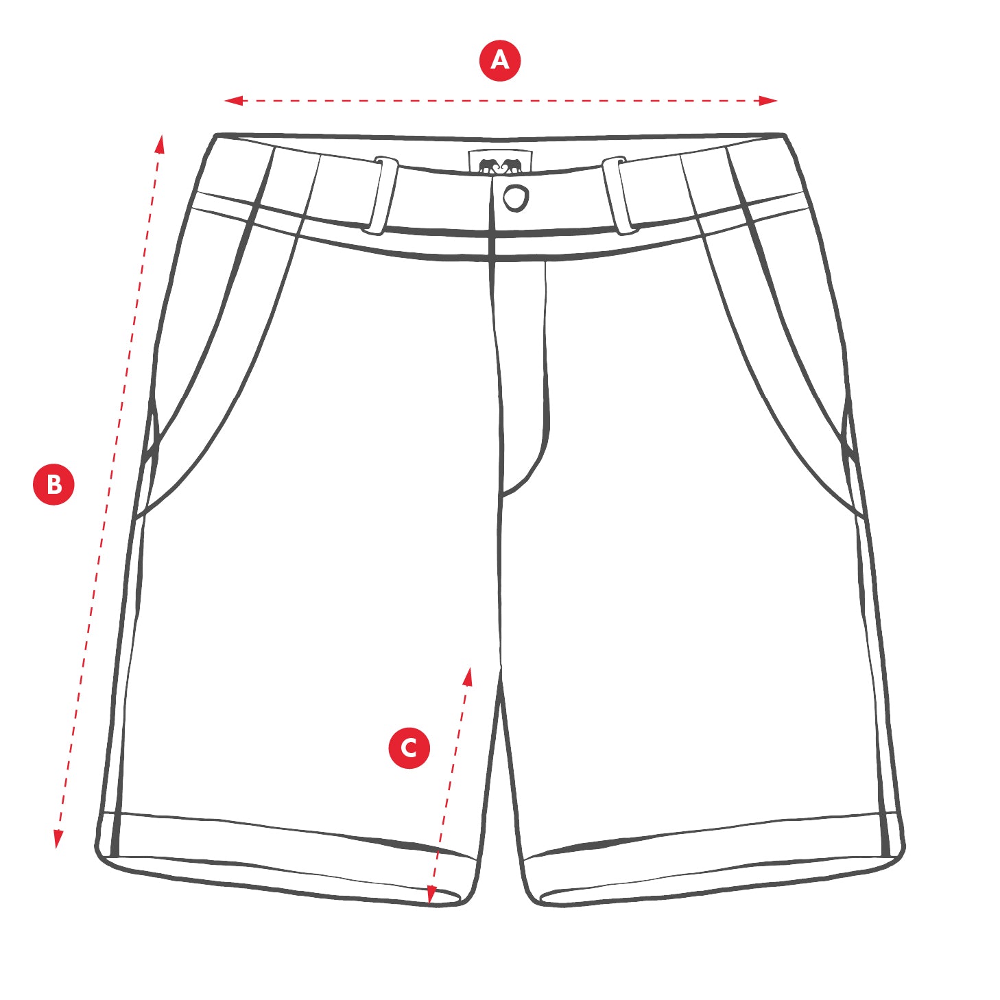 Technical drawing of a pair of shorts with labeled measurements
