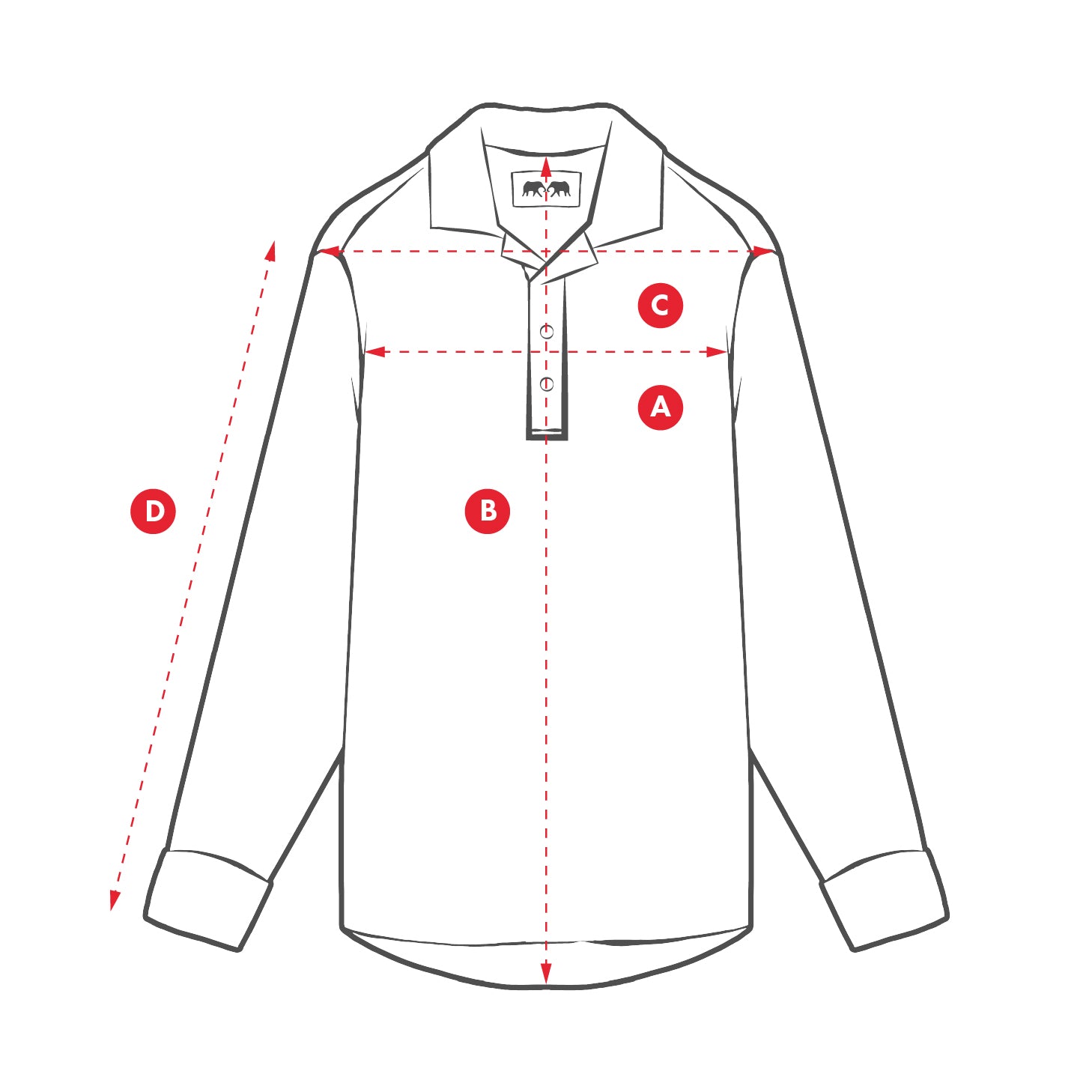 Measurement chart for a shirt with labeled points