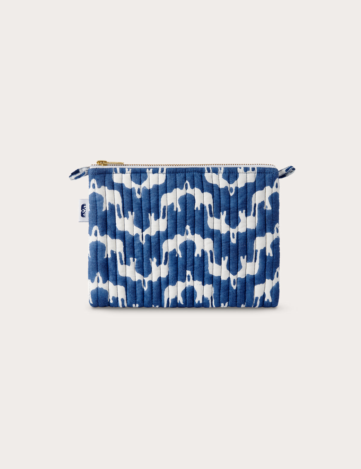 Quilted clutch bag in blue with white elephant palace design.