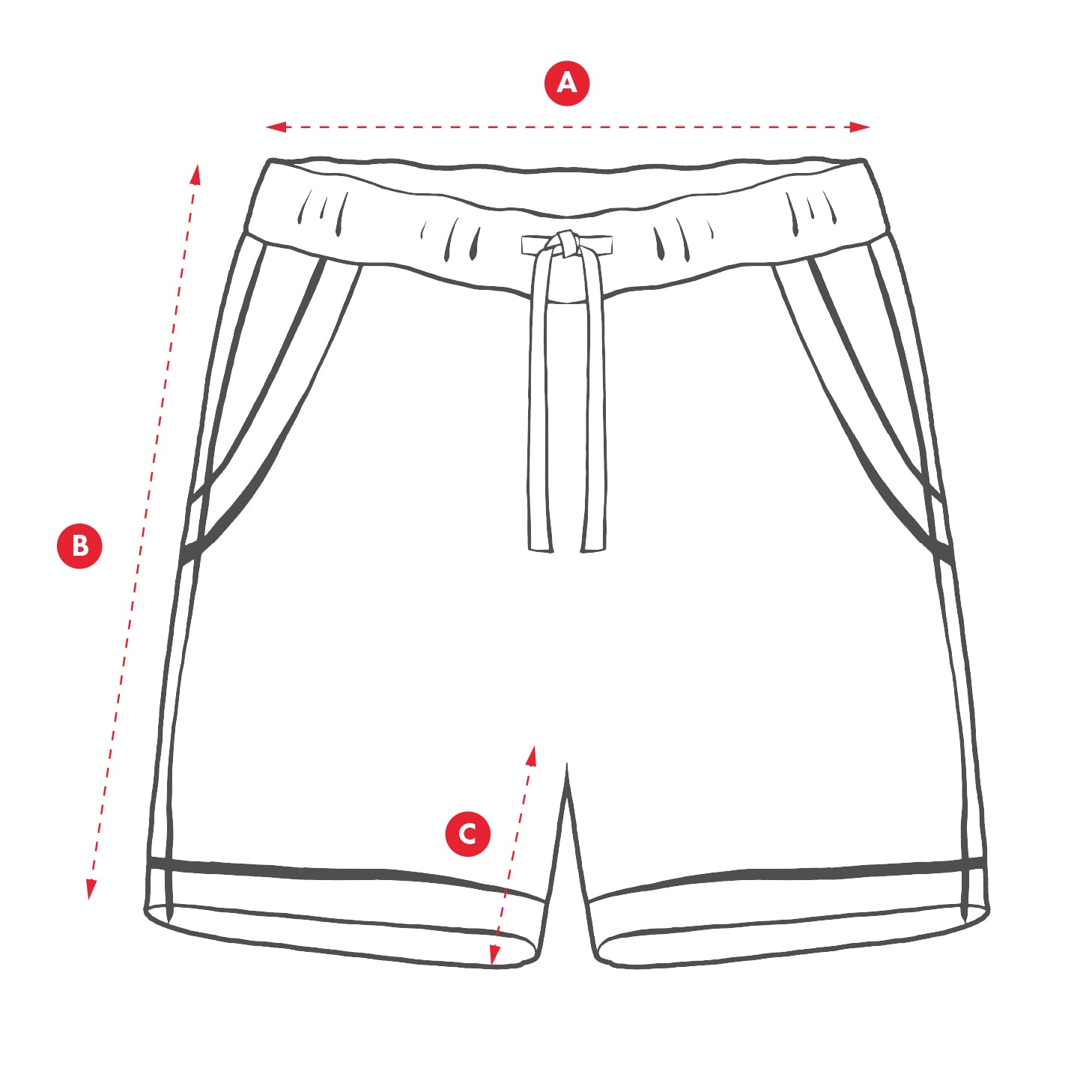 Line drawing of shorts with labeled measurements