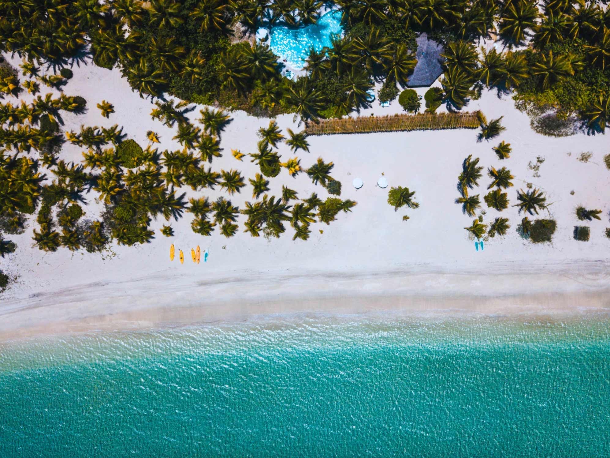 Aerial view of Kamalame Cay's white sand beaches