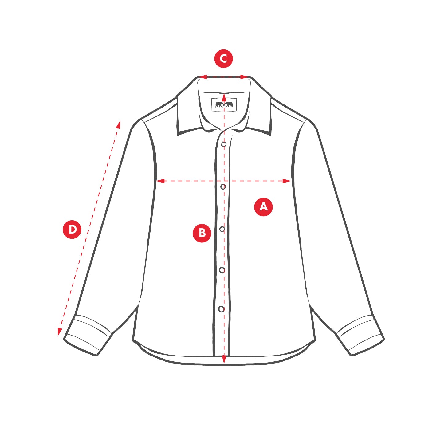 Diagram of a kids long sleeved shirt with labeled measurements on a white background