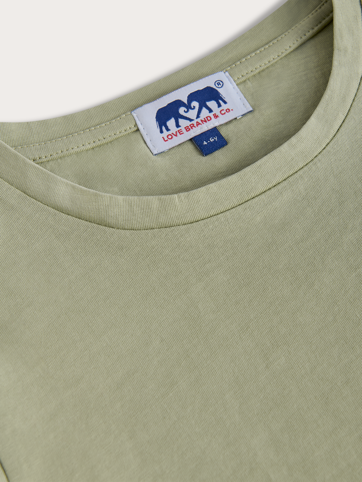 Close-up of a green t-shirt with a brand label on the collar.