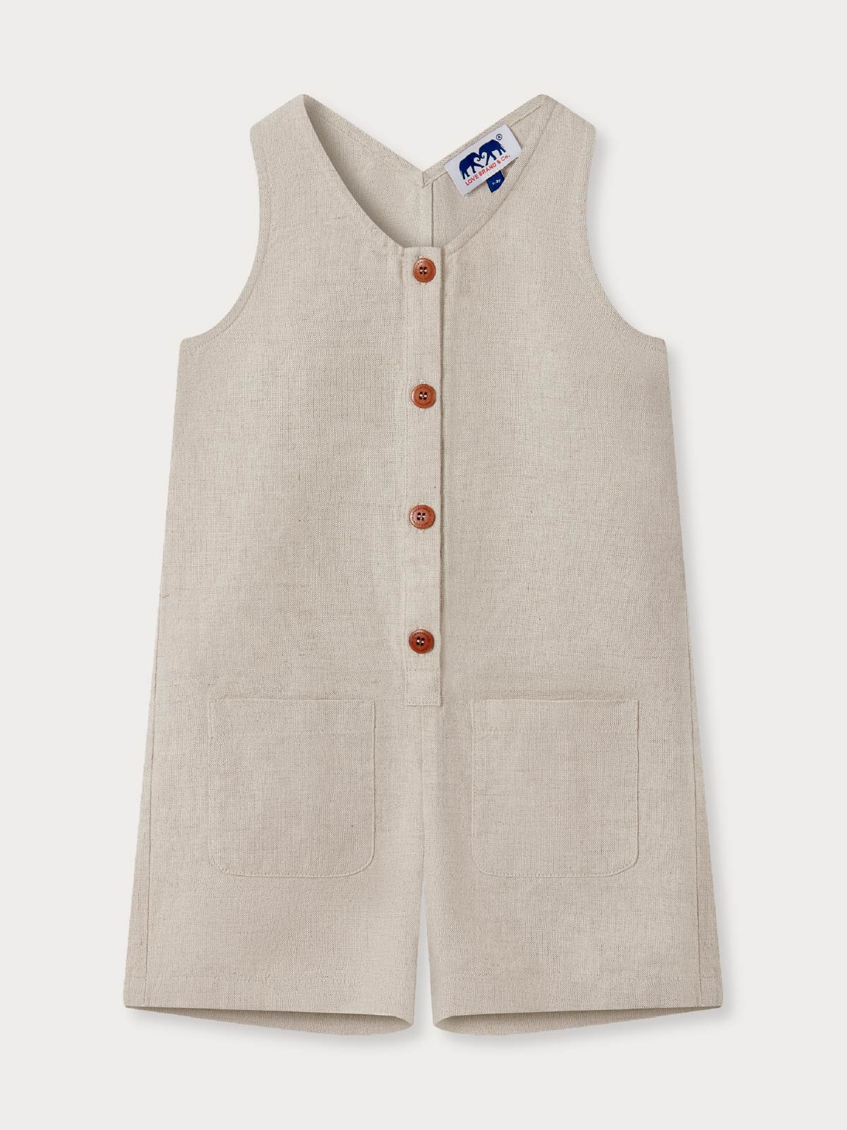 Beige sleeveless romper with buttons and pockets on a white background.