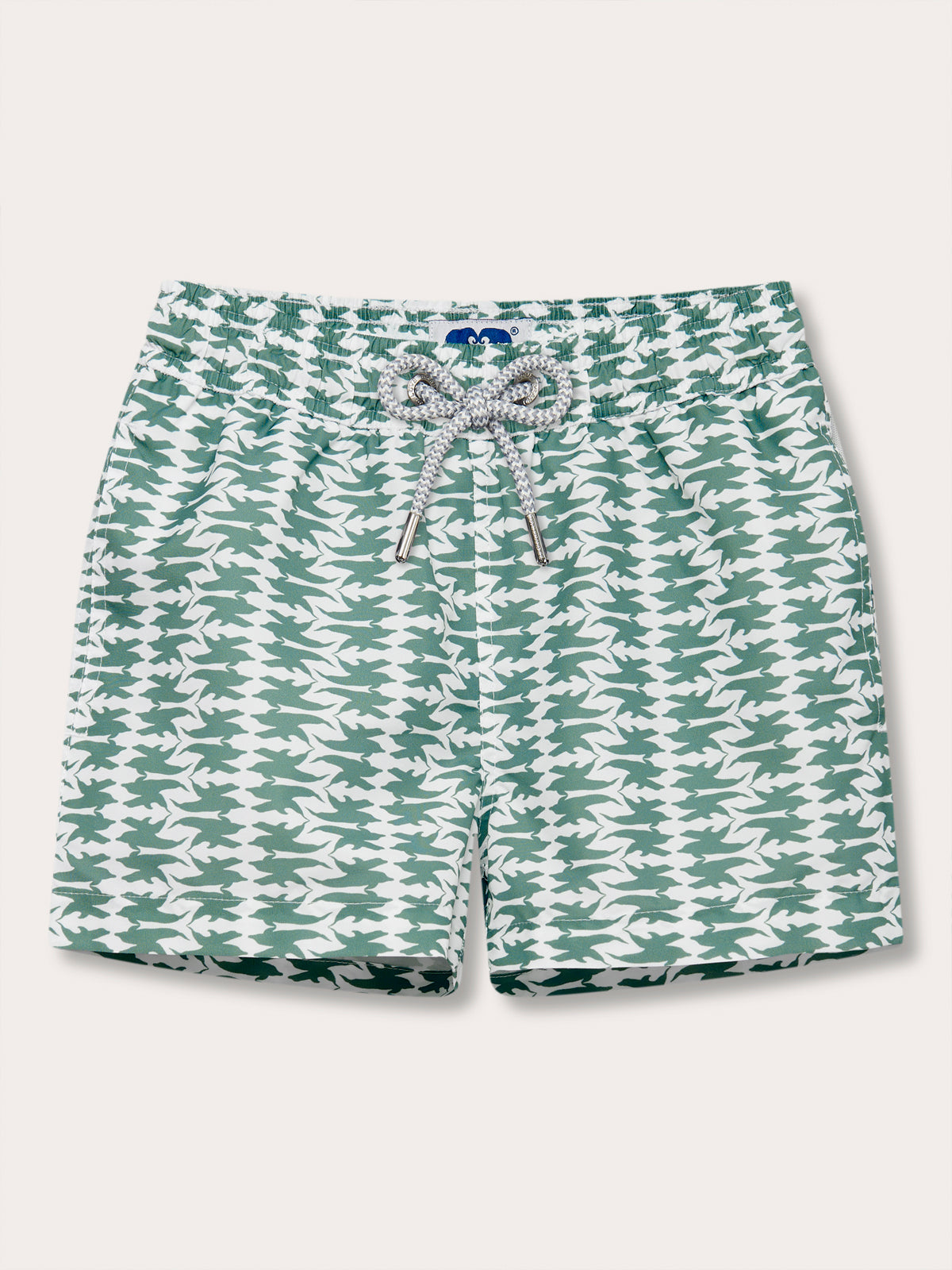 Boys Dolphins of Greece Staniel Swim Shorts featuring a green and white dolphin pattern, mid-length quick-dry material with drawstrings and nickel-free eyelets.