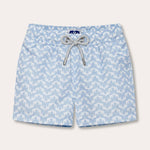 Boys Elephant Palace Sky Staniel Swim Shorts in light blue with elephant and palace print and a white drawstring.