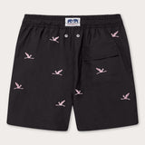 Men's Lake Nakuru Embroidered Staniel Swim Shorts with pink flamingo embroidery and a side pocket. Patterned swim shorts made from 100% recycled quick-drying fabric in black.