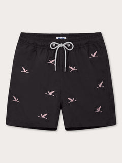 Men's Lake Nakuru Embroidered Staniel Swim Shorts with pink flamingo embroidery on black quick-drying fabric.