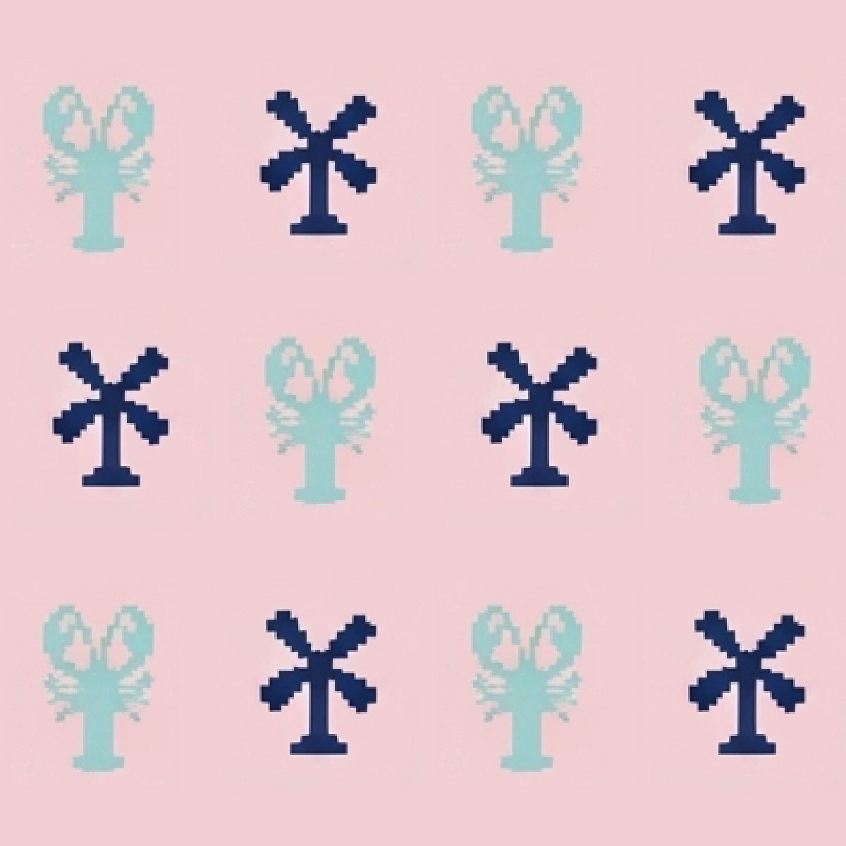 A repeating pixel-art pattern on a light pink background, featuring alternating light aqua lobsters and dark navy palm trees symbols.