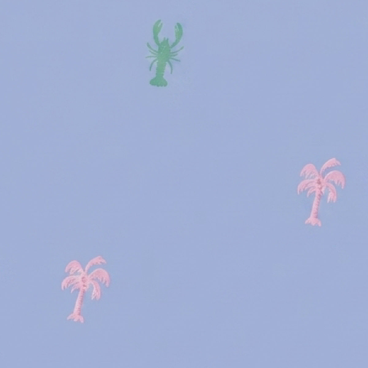 Light blue wallpaper featuring a green lobster near the top center and two pink palm trees, one near the bottom left and one near the right side.