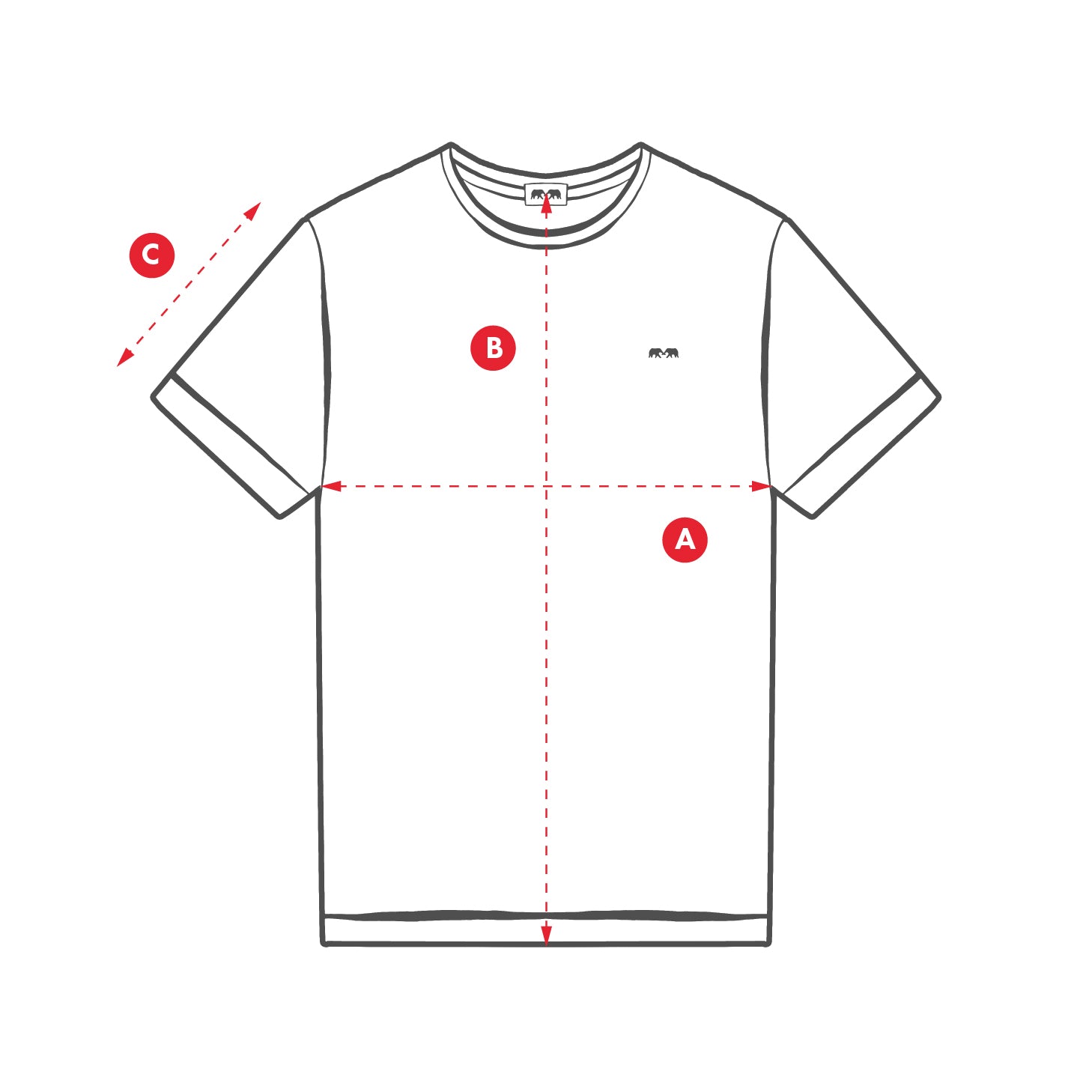 Measurement chart for a t-shirt with labeled points
