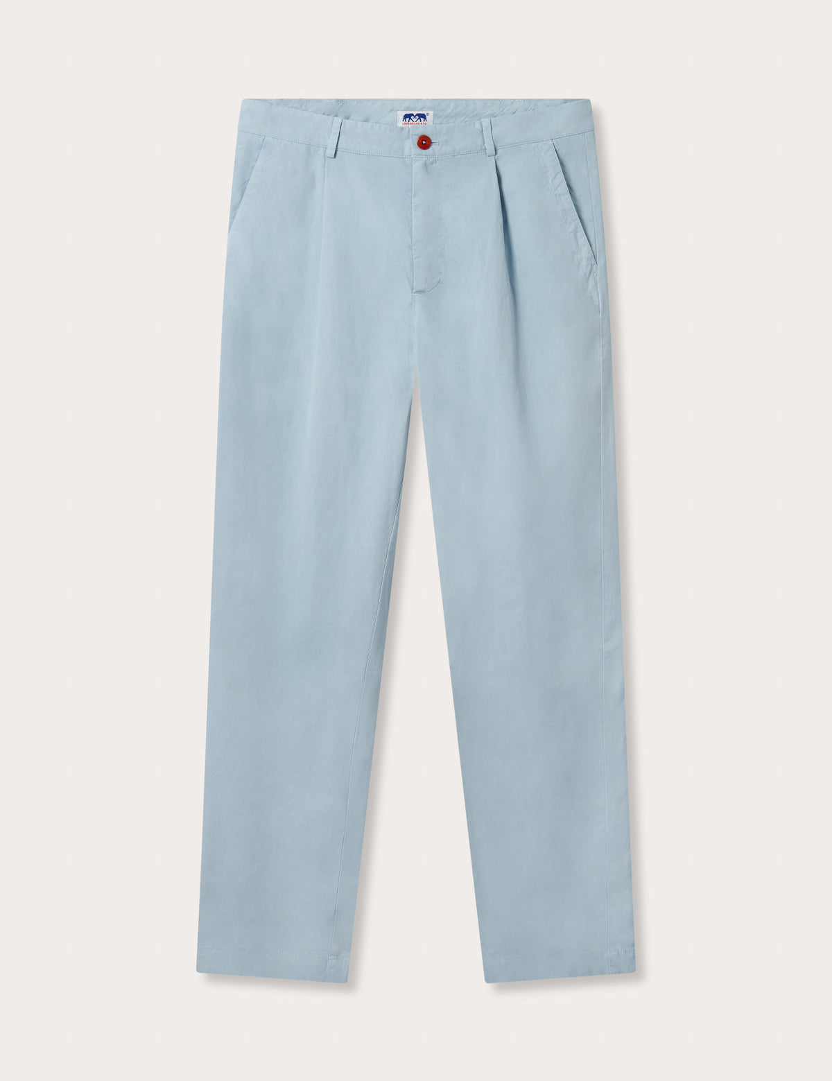 Sky blue chinos for men front view. Men's Sky Blue Lyford Chino trousers showing 2 front slash pockets, waistband with belt loops, and brown corozo nut button fastening. 