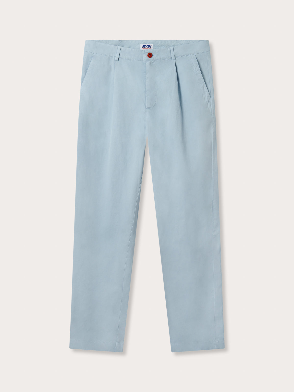 Sky blue chinos for men front view. Men's Sky Blue Lyford Chino trousers showing 2 front slash pockets, waistband with belt loops, and brown corozo nut button fastening. 