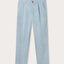 Sky blue chinos for men front view. Men's Sky Blue Lyford Chino trousers showing 2 front slash pockets, waistband with belt loops, and brown corozo nut button fastening. 