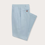 Side view of sky blue cotton chinos for men showing front and rear pockets.