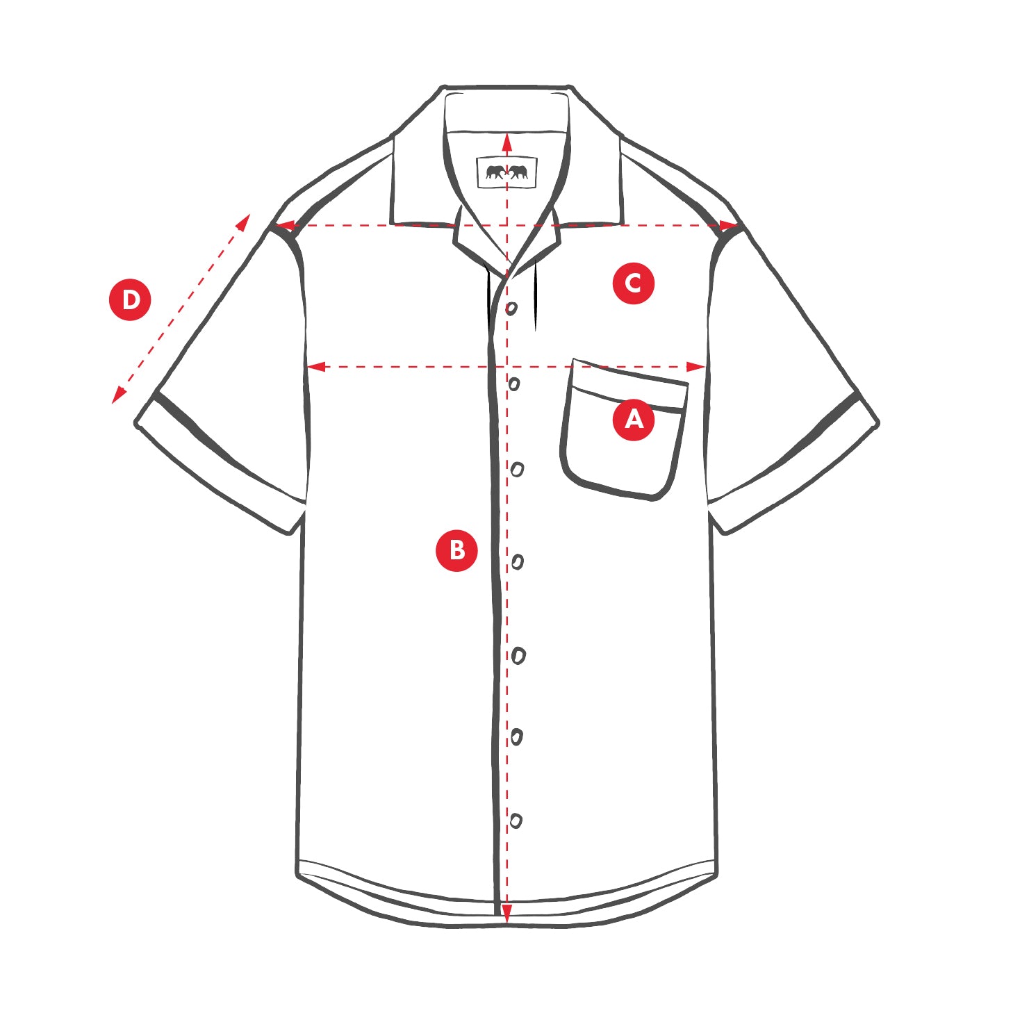 Measurement chart of a short-sleeve shirt with labeled points