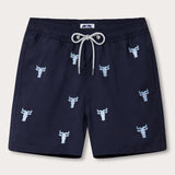 Men's Mara Crossing Embroidered Staniel Swim Shorts in navy, featuring Sky Blue embroidered wildebeest motifs. Patterned swim shorts with a drawstring waistband.