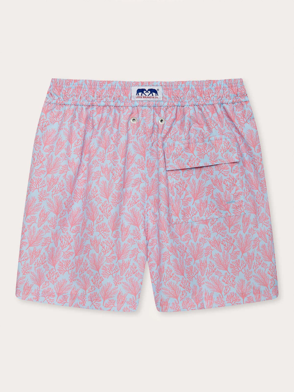 Men's Crazy Coral Staniel Swim Shorts with pink and blue tropical coral print, inspired by Bahamian coral reefs.