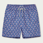 Men's Palm Paradise Staniel Swim Shorts featuring pastel pink Monstera leaf print on blue background.