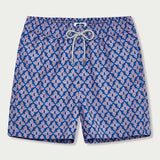 Men's Palm Paradise Staniel Swim Shorts featuring pastel pink Monstera leaf print on blue background.