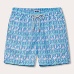 Men's patterned swim shorts featuring dancing lobsters and swaying palm trees on a blue background.