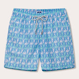 Men's patterned swim shorts featuring dancing lobsters and swaying palm trees on a blue background.