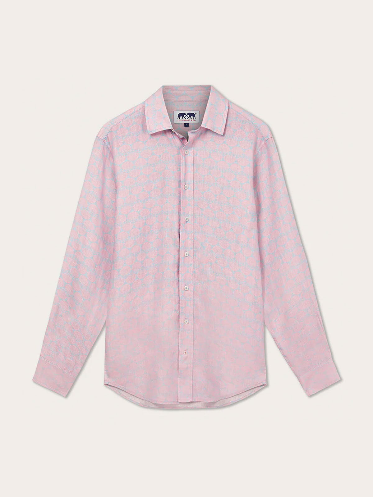 A long-sleeved, button-up men's shirt with a geometric pastel pink and blue scallop print on a linen fabric.