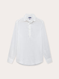 Men's White Hoffman Linen Shirt on a plain background, featuring long sleeves and a classic overhead design.